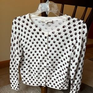 The Loft Sweater cropped 3/4 sleeve. Red and black print on ivory sweater.